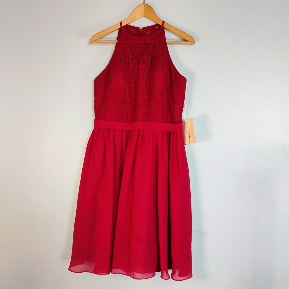 NWT Lan Ting Bride Chiffon Bridesmaid Dress Youth 12 Red Lace Halter Fully Line